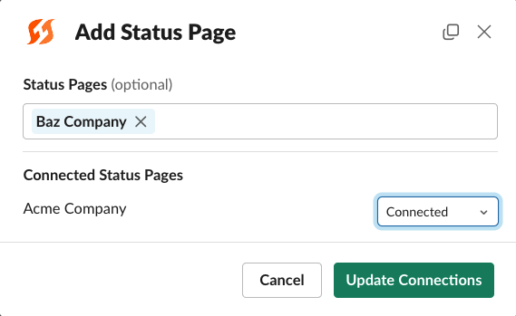Slack modal to manage connected status pages for the incident
