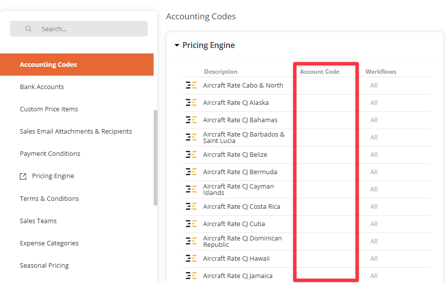 Accounting Codes in Pricing Engine