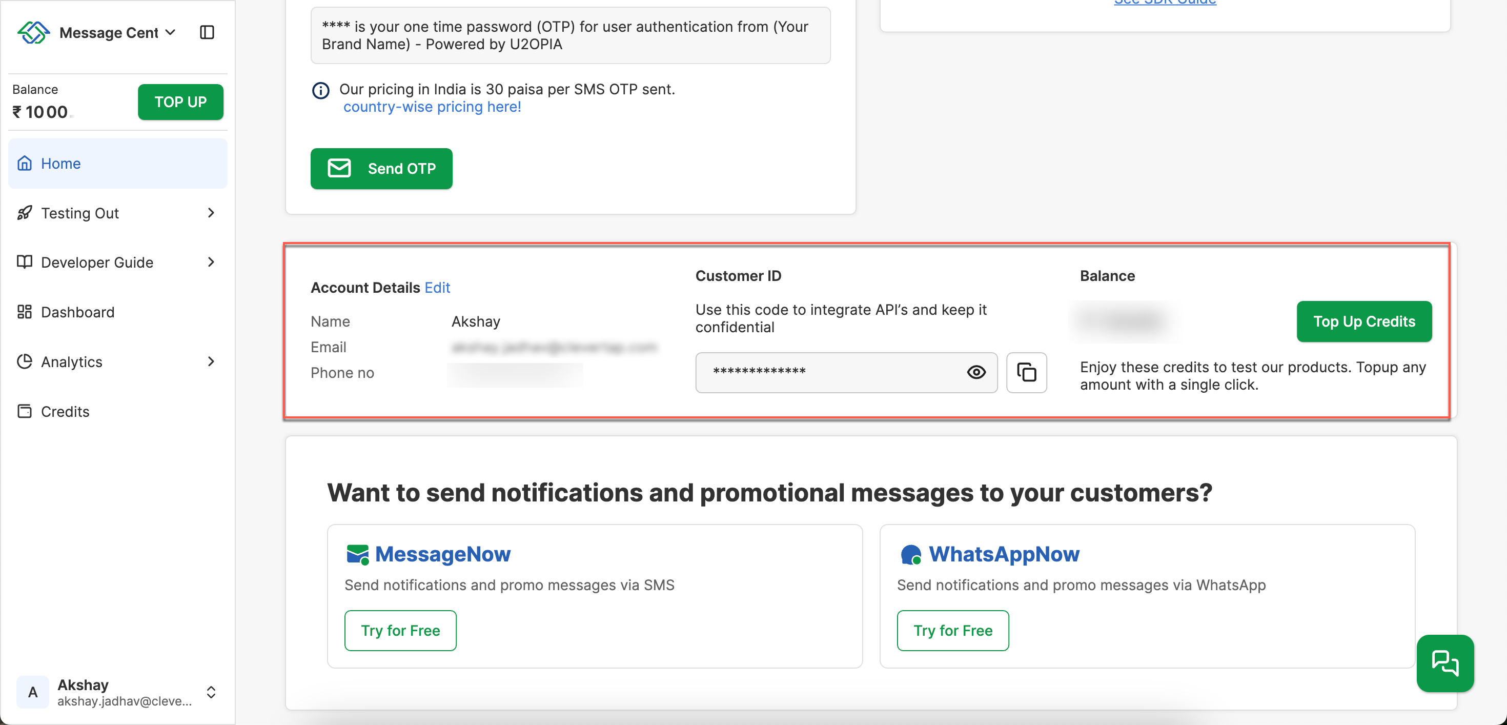 Message Central Dashboard
