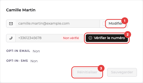 Carte d'identité d'une fiche client : la case Modifier à côté de l'adresse e-mail, le bouton Vérifier le numéro à côté du téléphone marqué Non vérifié, et le bouton Réinitialiser en bas