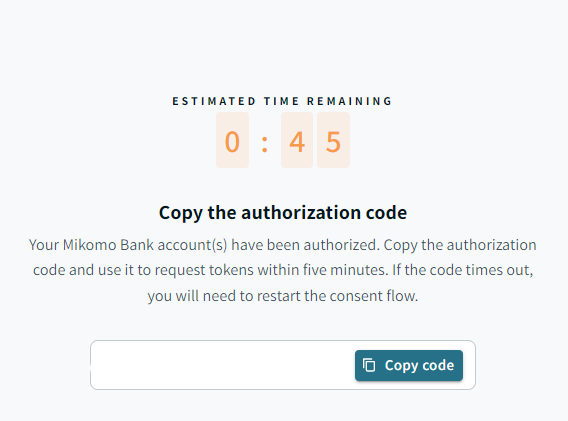 Copy the authorization code with the Copy code button