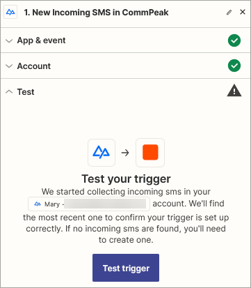 Screenshot of the **New Incoming SMS in CommPeak** event dialog: **Test** step