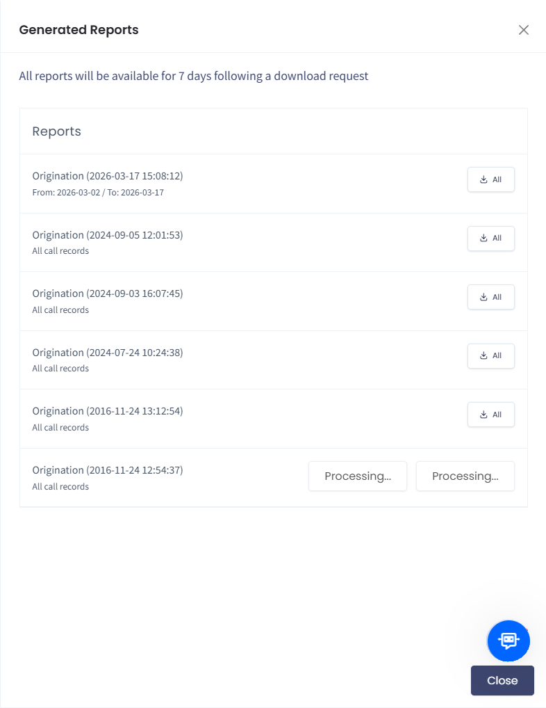 Screenshot of the Generated Reports side menu