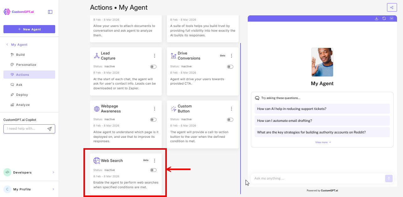 Screenshot: Web Search action card on the Actions page