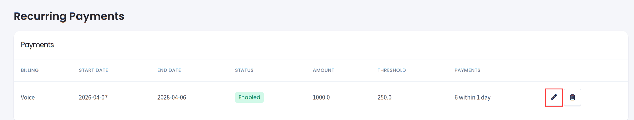Screenshot of editing recurring payment threshold
