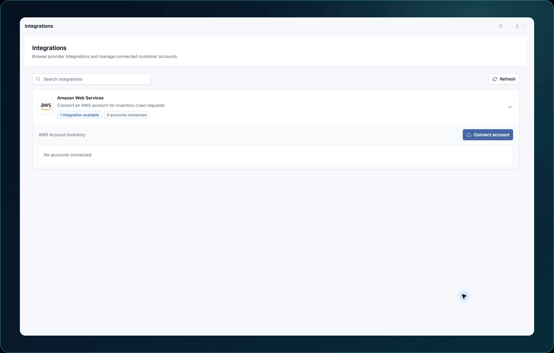 Integrations page showing the available provider adapter, connection count, and Connect account action.