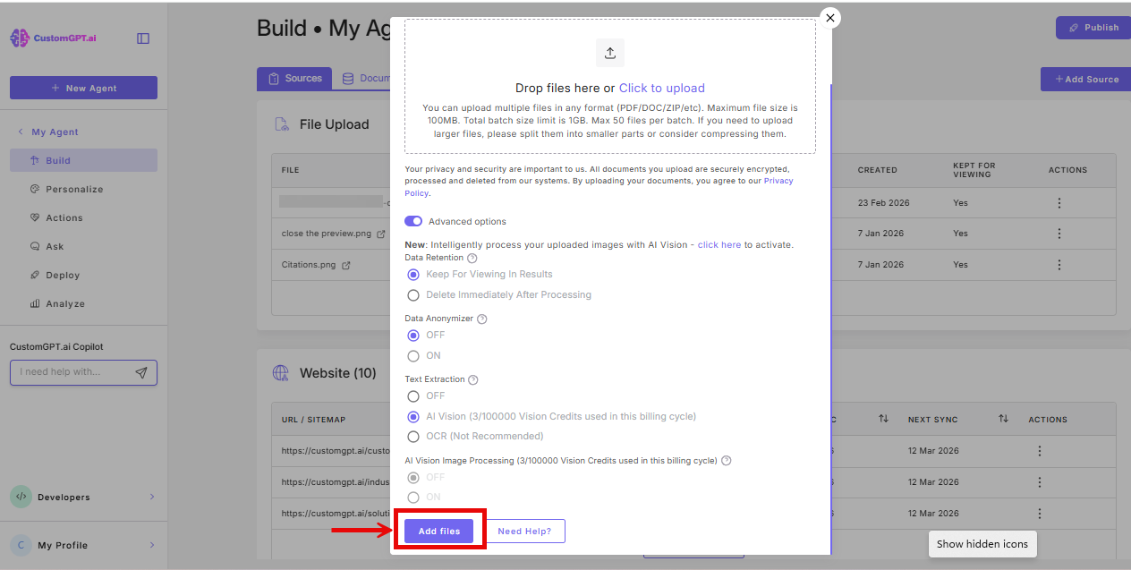 screenshot: add files button on the upload file modal