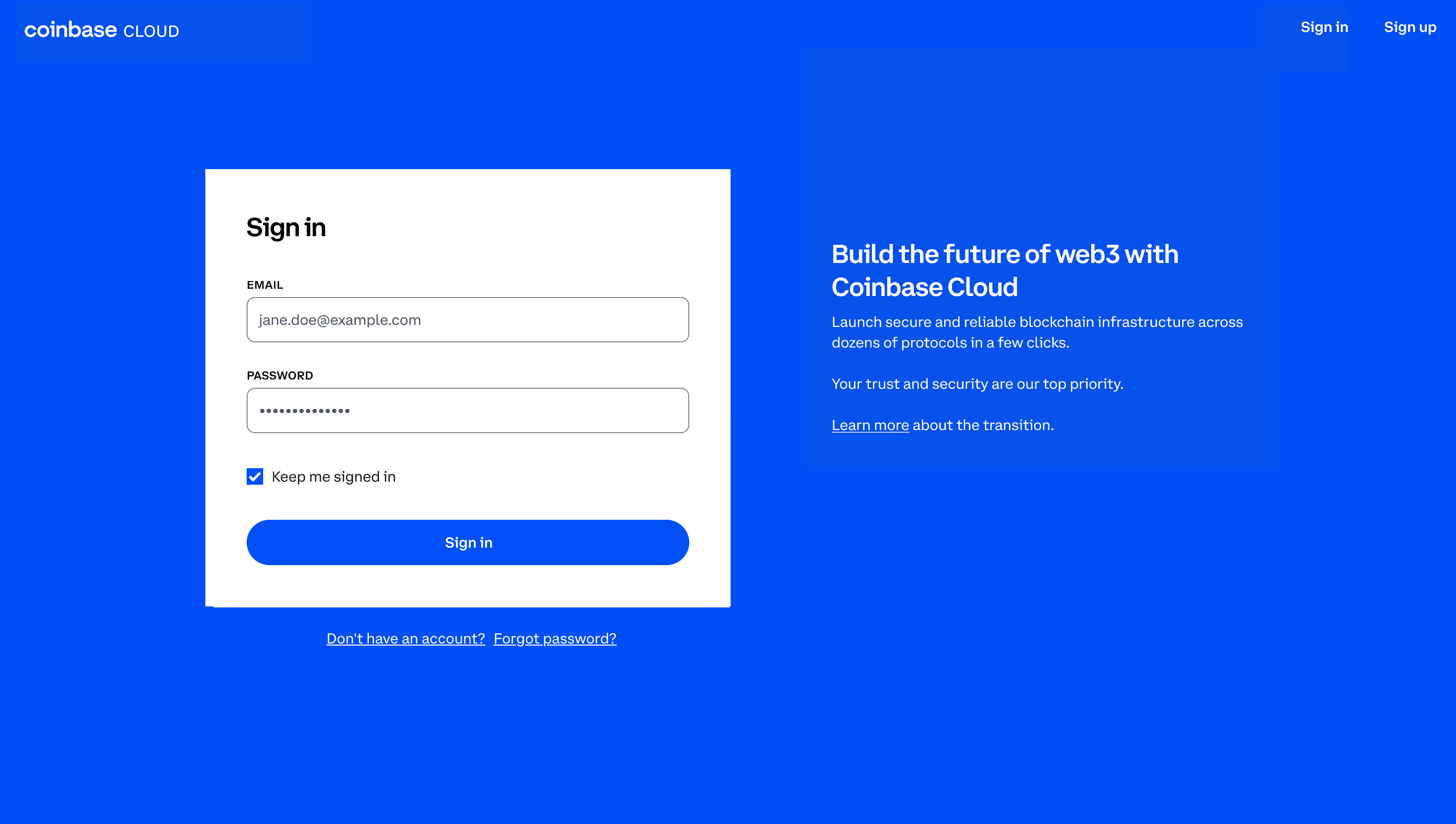 Sign in to Coinbase Cloud Console screen