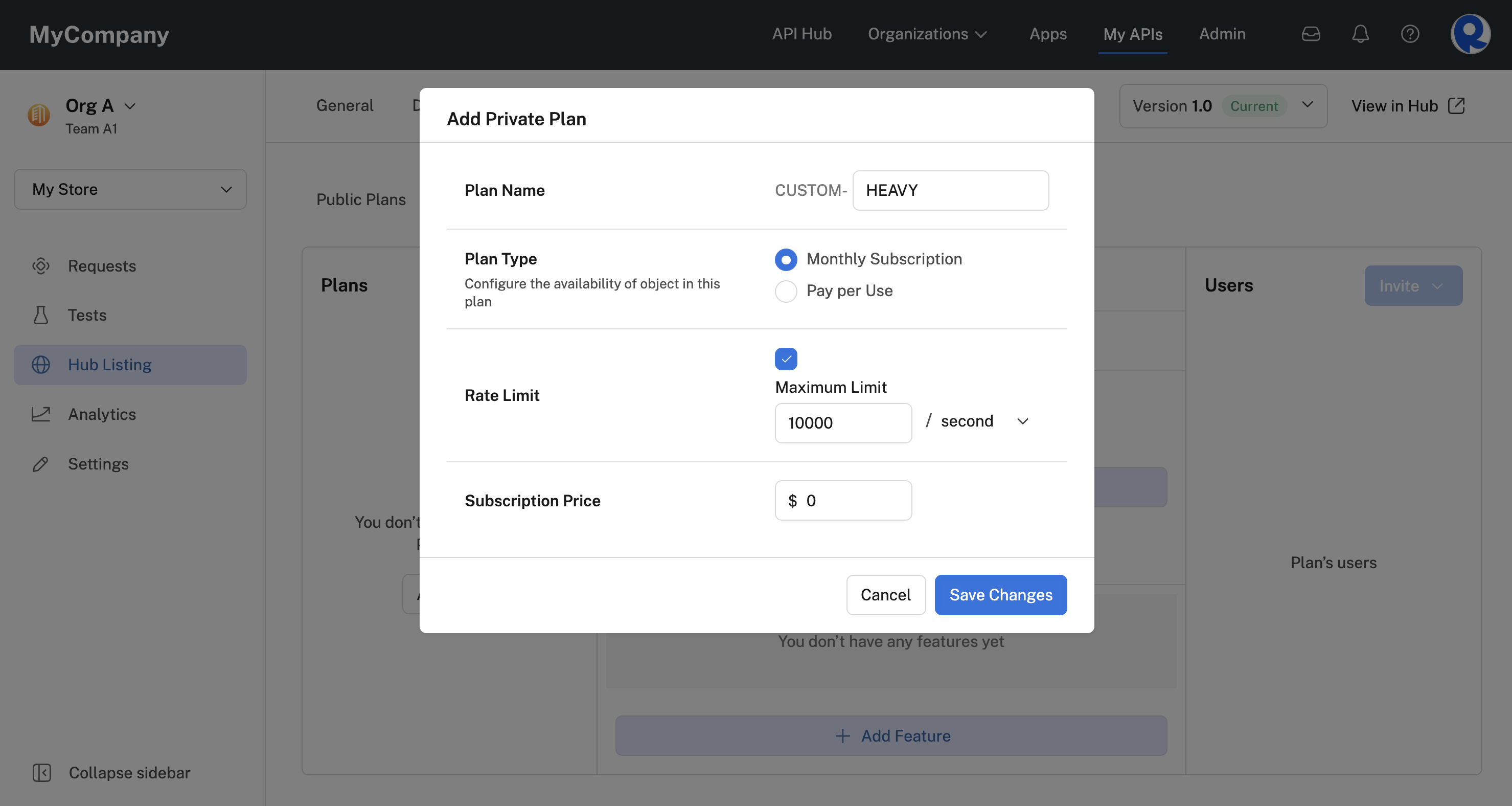 Configuring the plan using the Add Private Plan dialog.