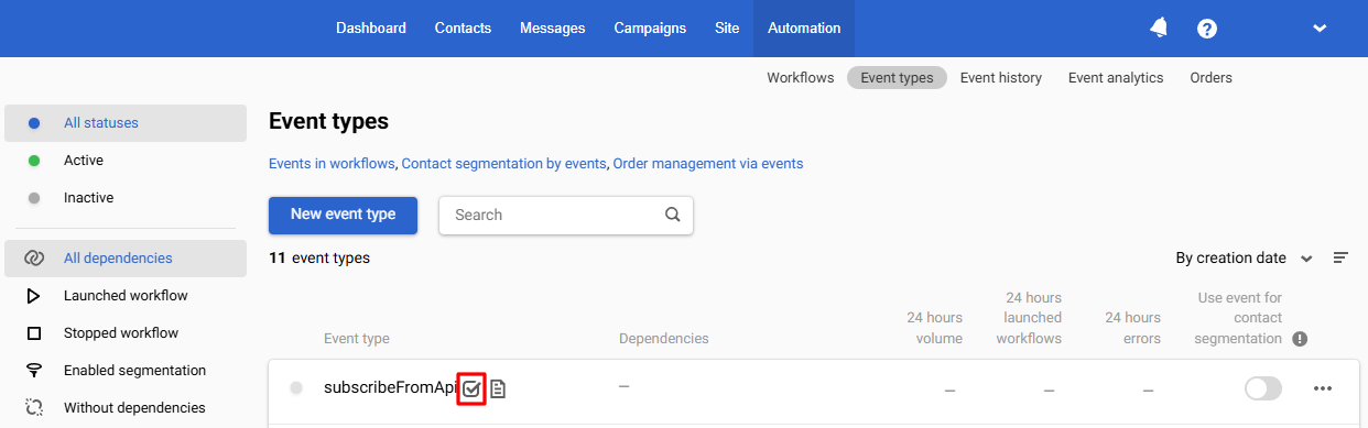 Event types with enabled parameter validation