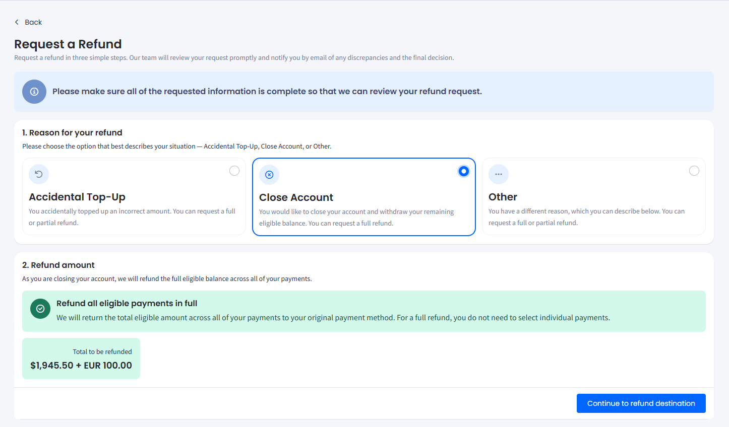 Screenshot of Request a Refund form: Closing account