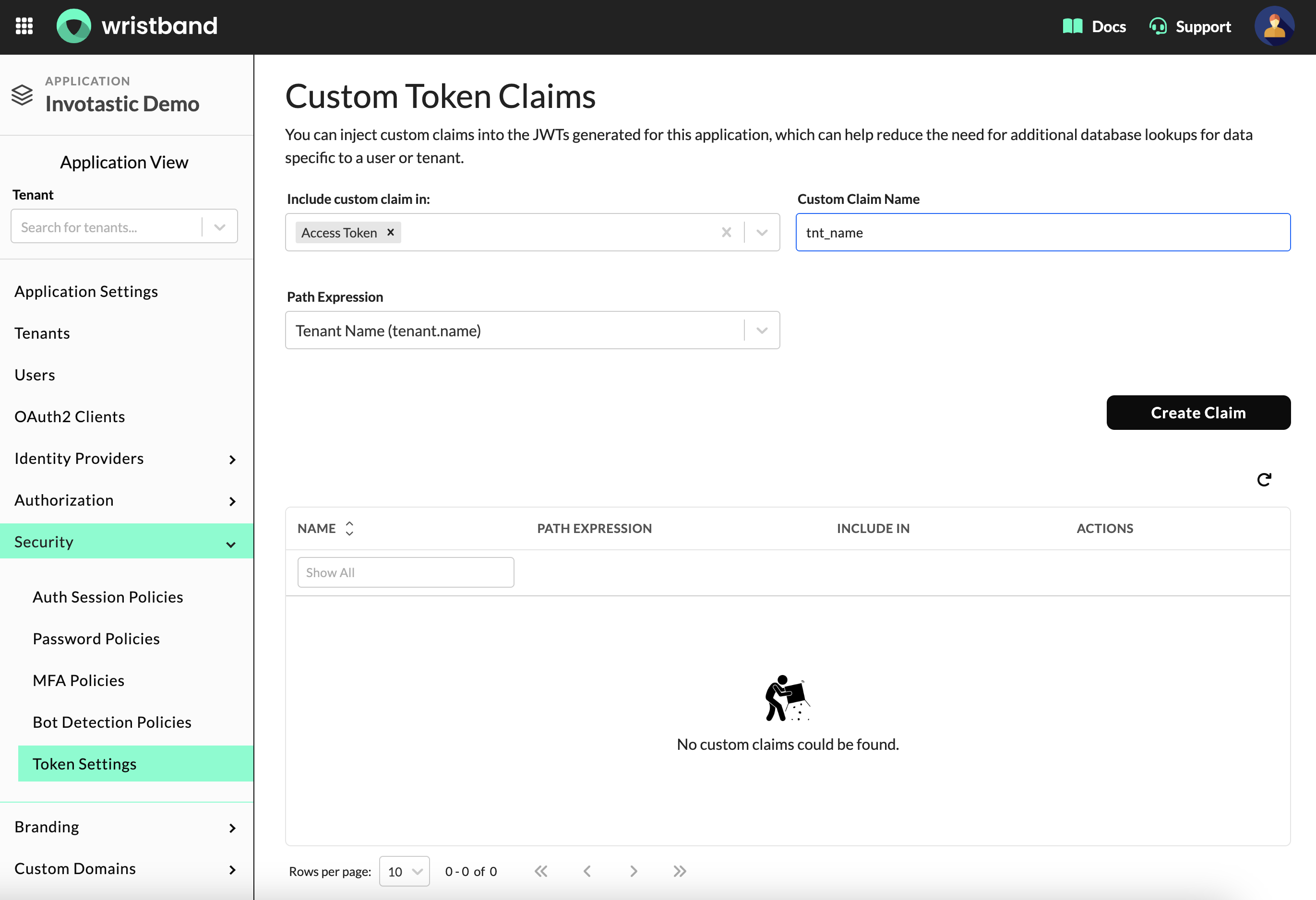 Token Settings: Add a custom claim using the tenant.name path expression.