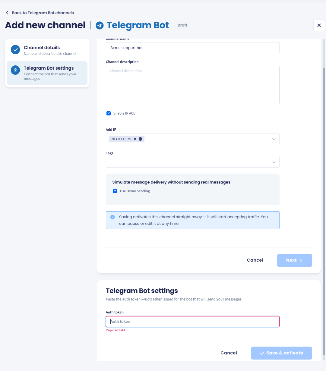 Telegram Bot settings step with the Auth token field
