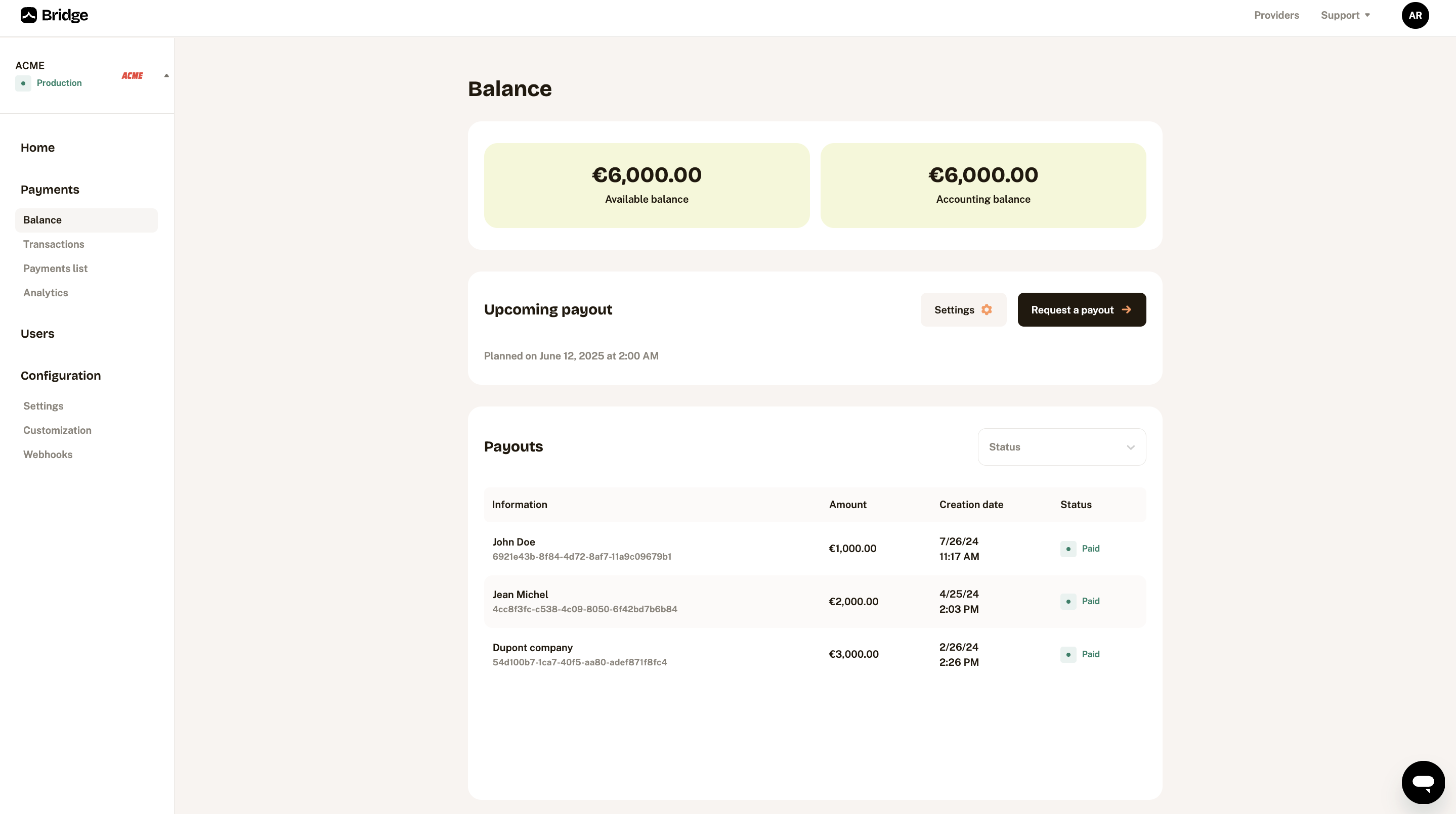 Balance page