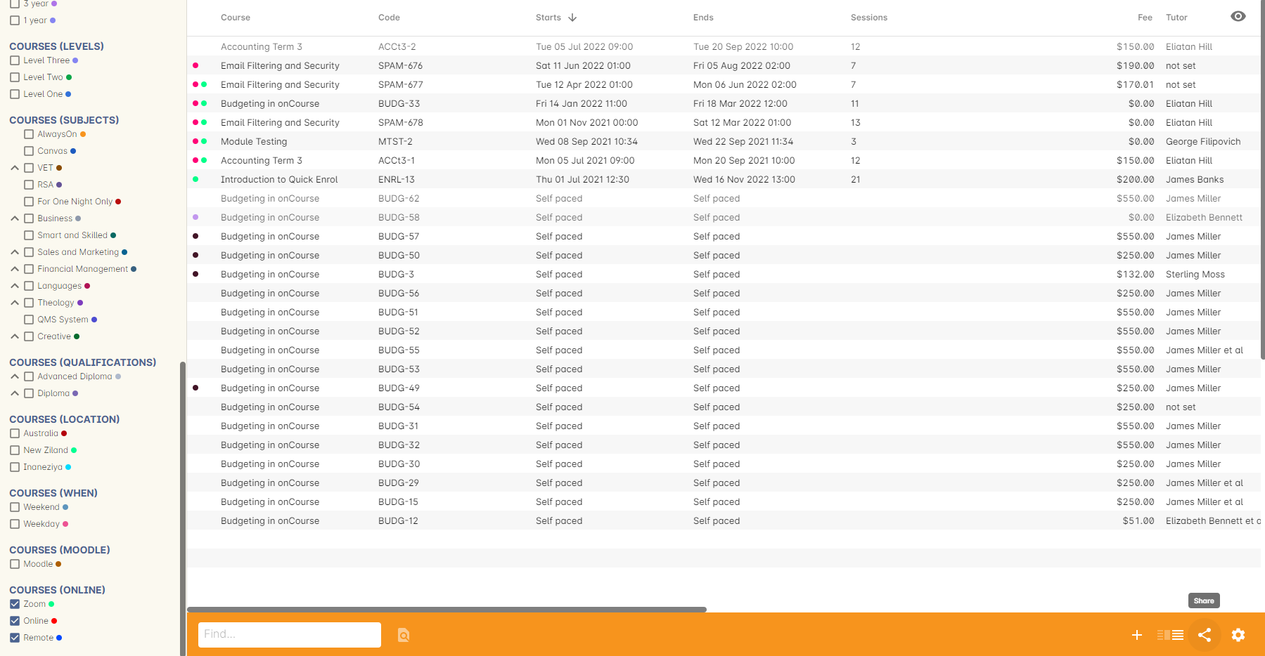 A Courses filter called "Online" being viewed in Classes. Notice some records do not have a dot? They still display here because the parent course has one of the selected tags applied.
