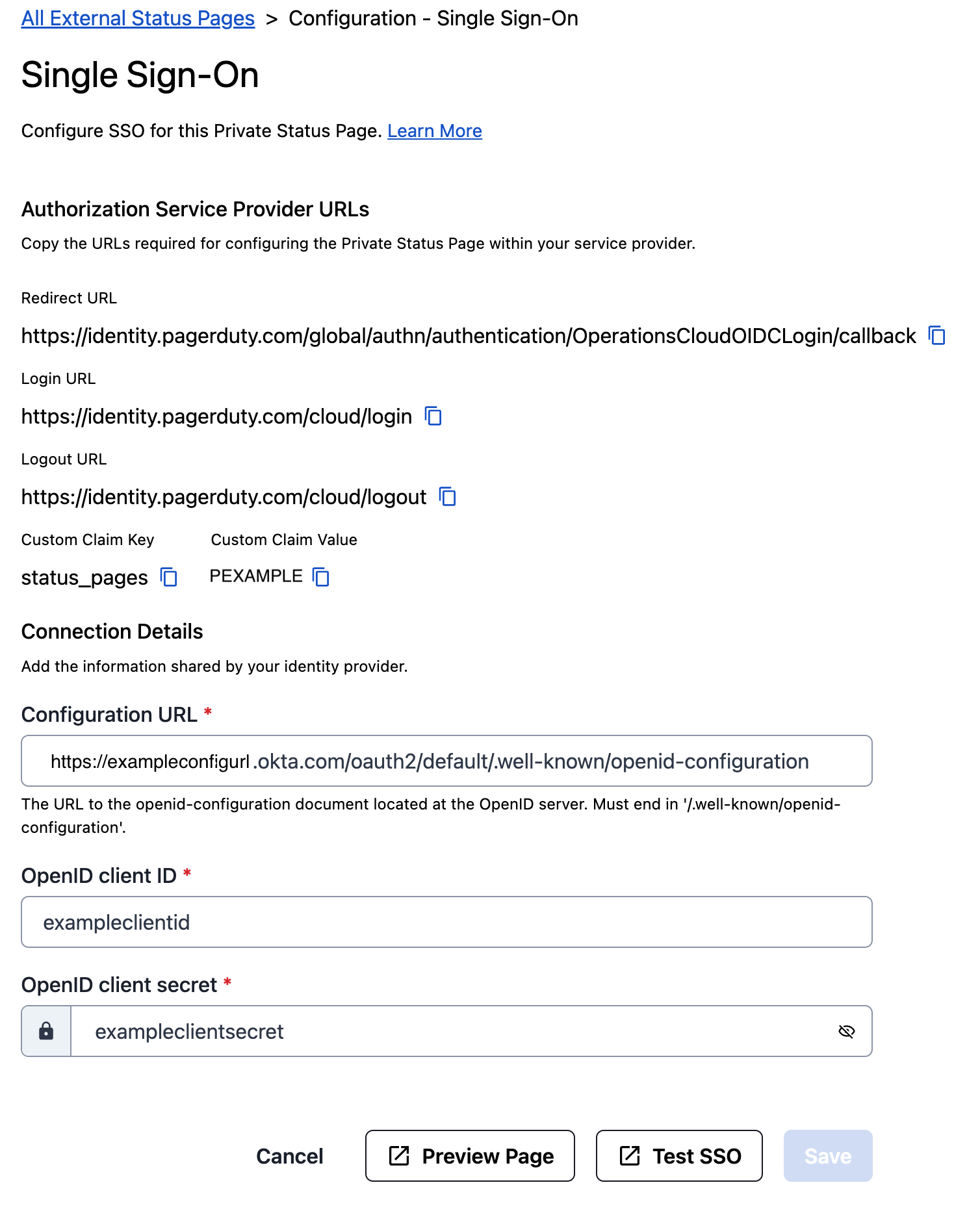 A screenshot of the PagerDuty UI showing SSO configuration details for Private Status Page