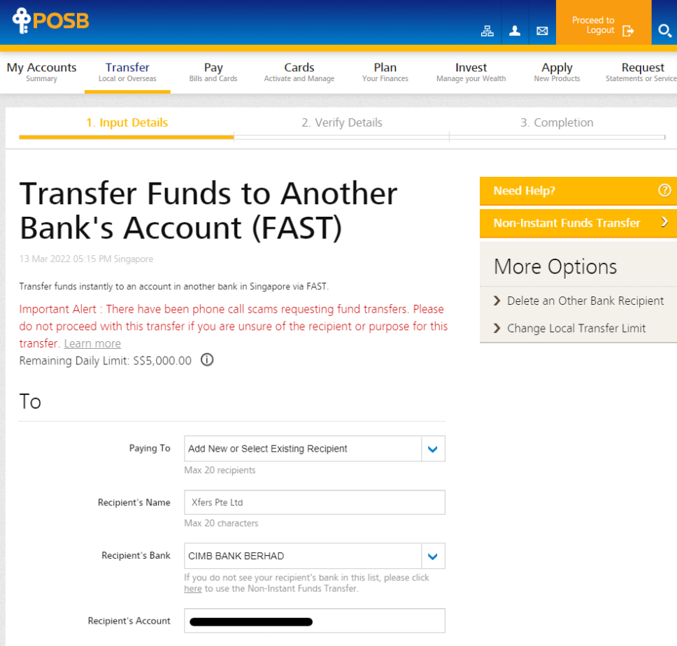 Adding a payee to make a fund transfer (Last Updated: 13 Mar 2022)
