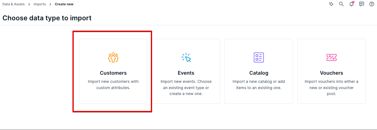 Import screen showing the Customer attributes import option selected for assigning voucher codes