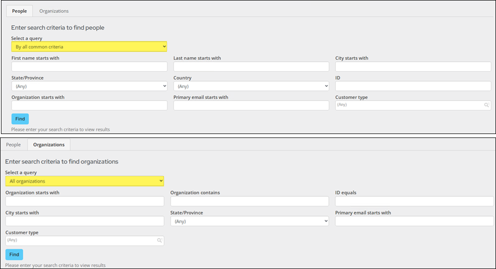 Search page for people and organizations with emphasis on the query drop downs that allow you to pick a new query to search with
