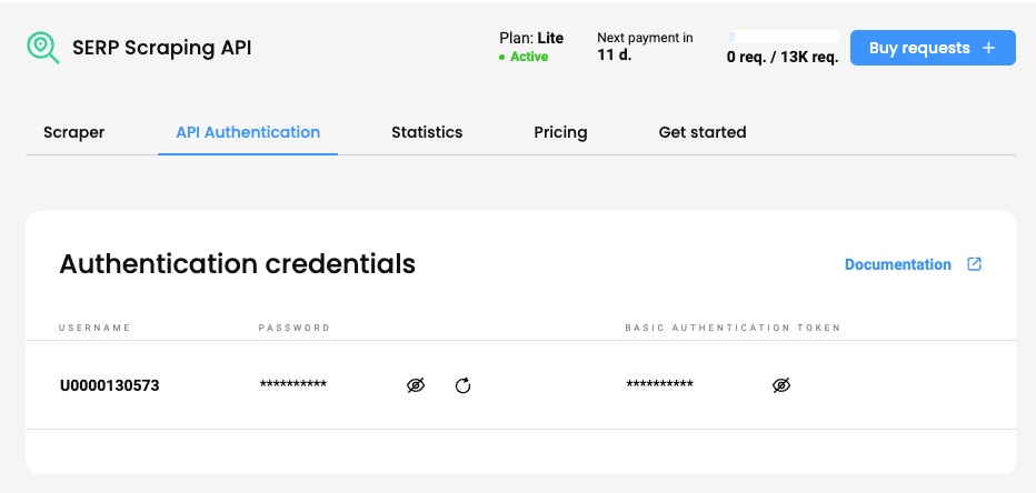 Smartproxy dashboard – SERP API Authentication section.