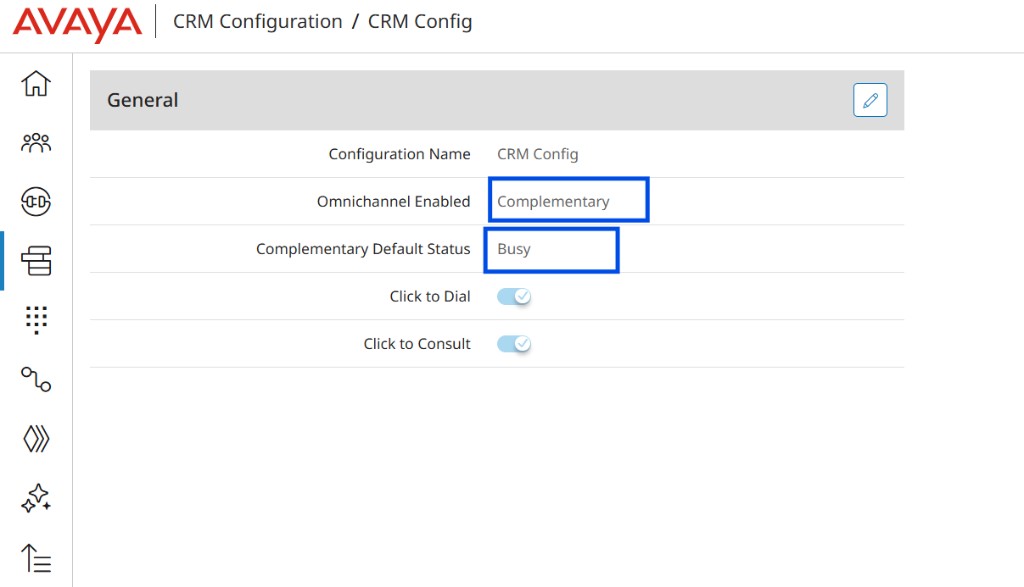 CRM Config with Omnichannel Enabled set to Complementary and Complementary Default Status Busy