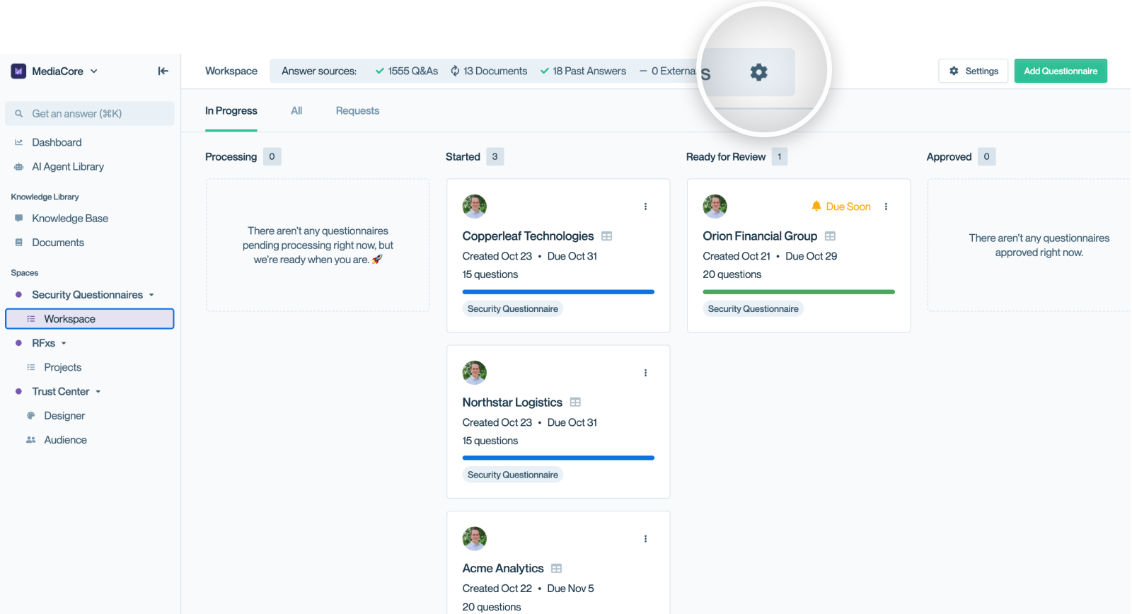 The "Answer Sources" bar on the Questionnaire tab gives you visibility into and control over the sources that ConveyorAI is relying upon.