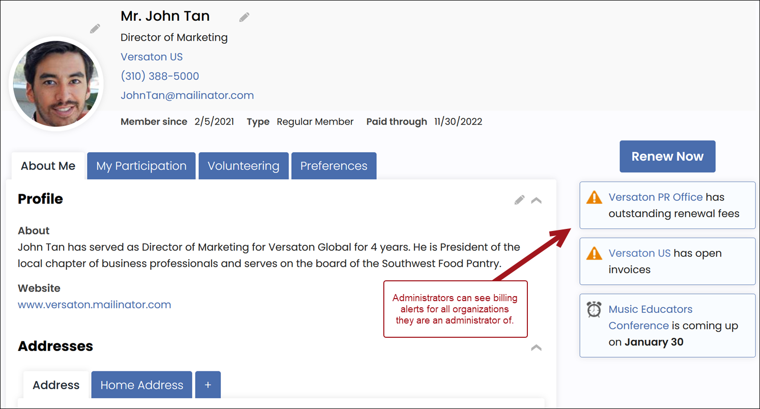 Contact account page with arrow pointing to alert of outstanding renewal fees