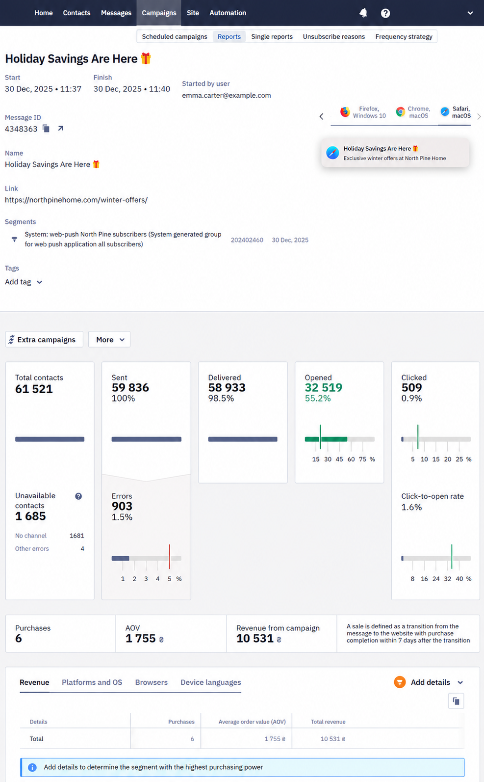 Web Push campaign report overview with four sections