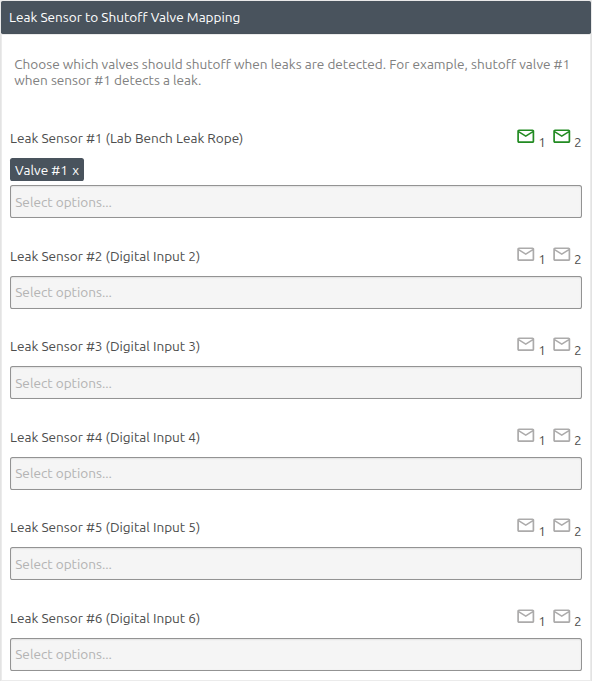 One-to-one mapping with Sensor 1 mapped to Valve 1