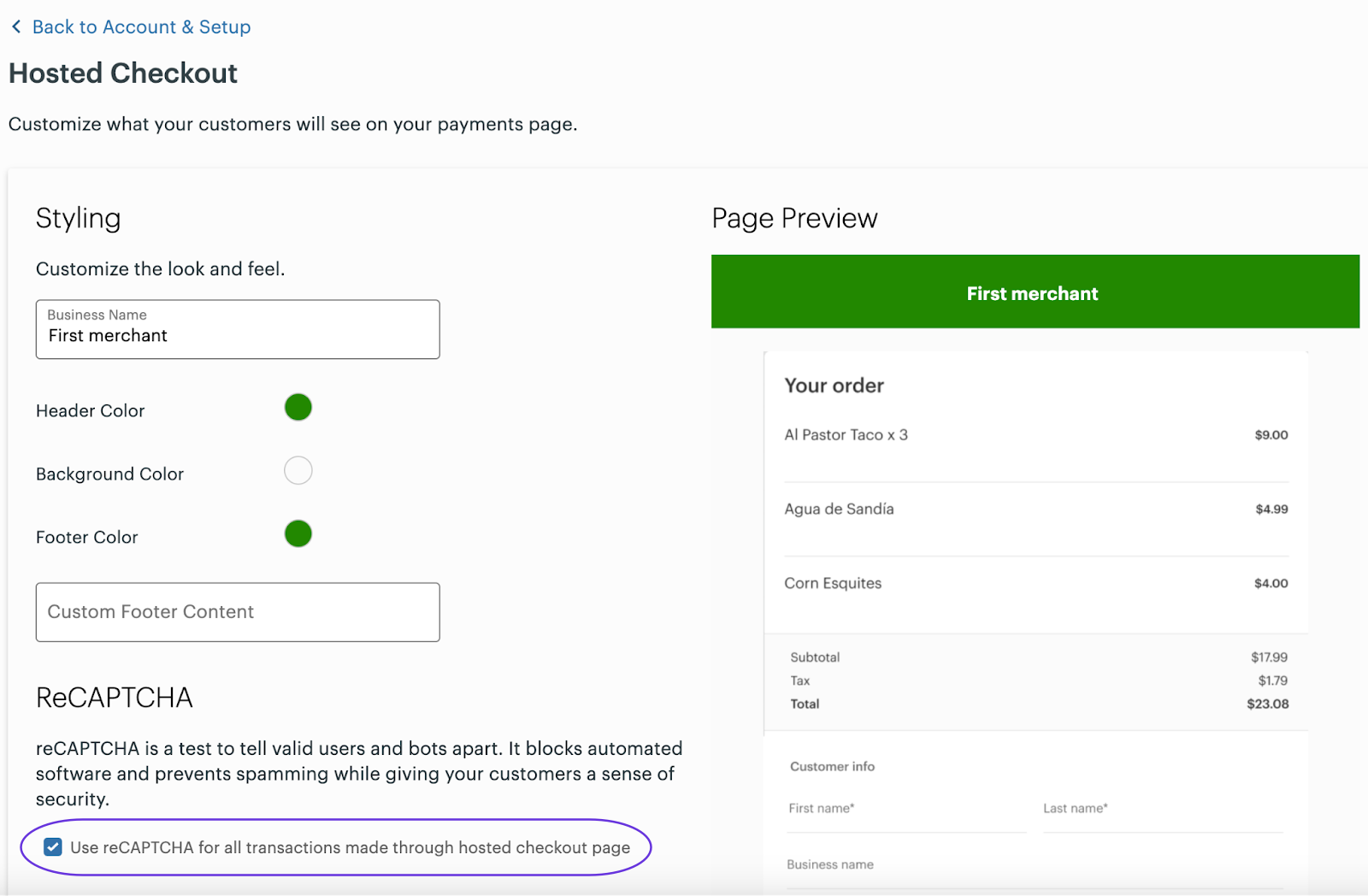 Merchant Dashboard: reCAPTCHA setting for a hosted checkout page