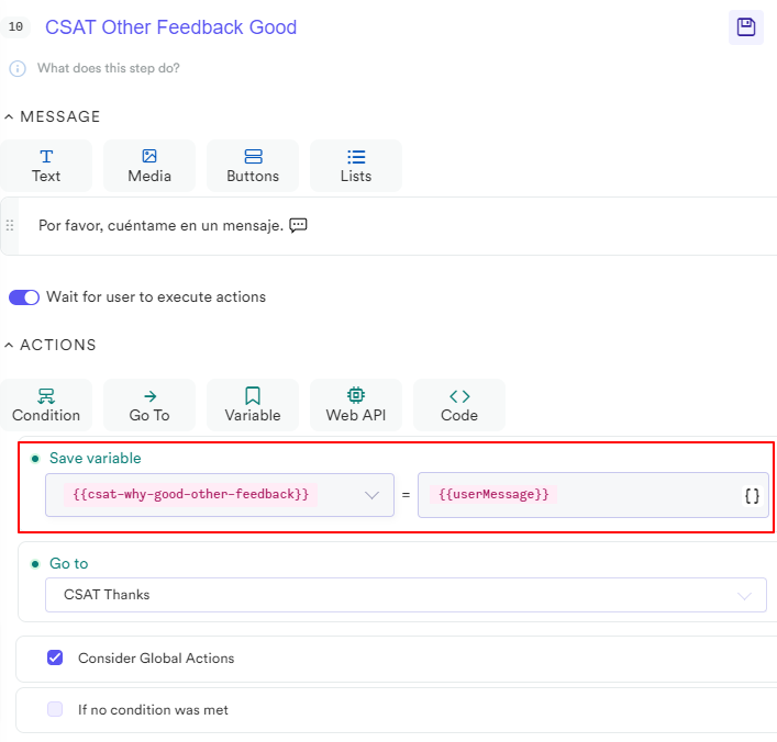 Settings of the condition to "CSAT other feedback good"