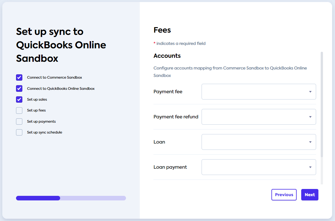 Sync UI **Fees** accounts screen where you can select the accounts to use to map the commerce data (scrolled up).