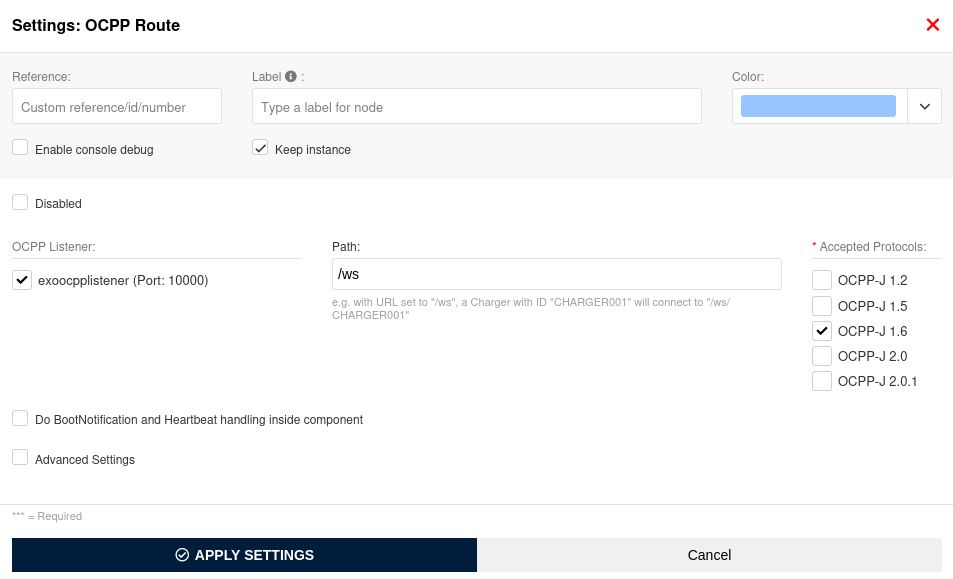 OCPP Route Settings