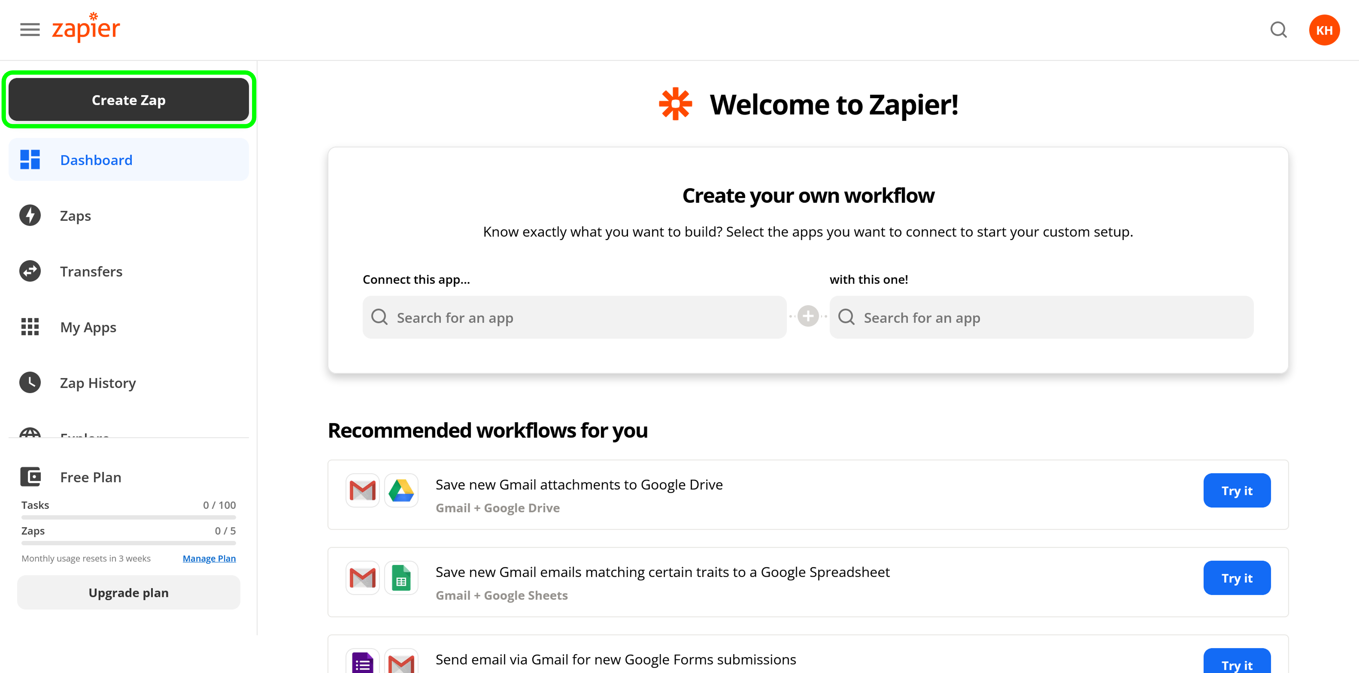 Screenshot of "Create Zap" button