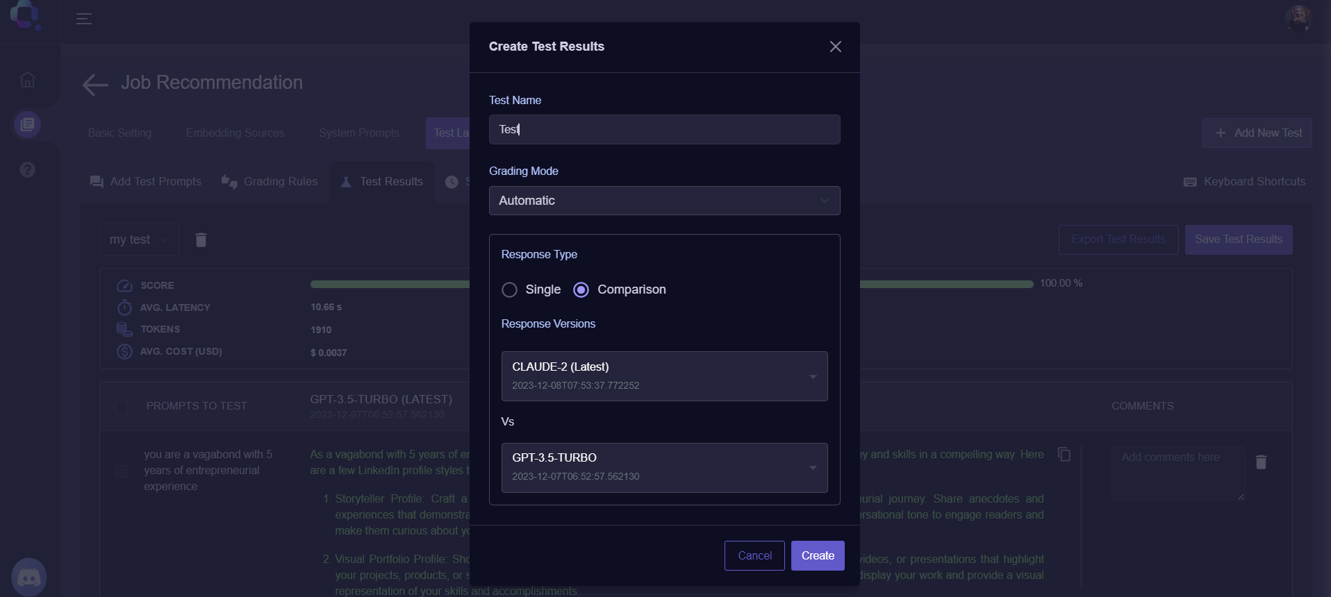 Query Vary - Create Test Results Screen