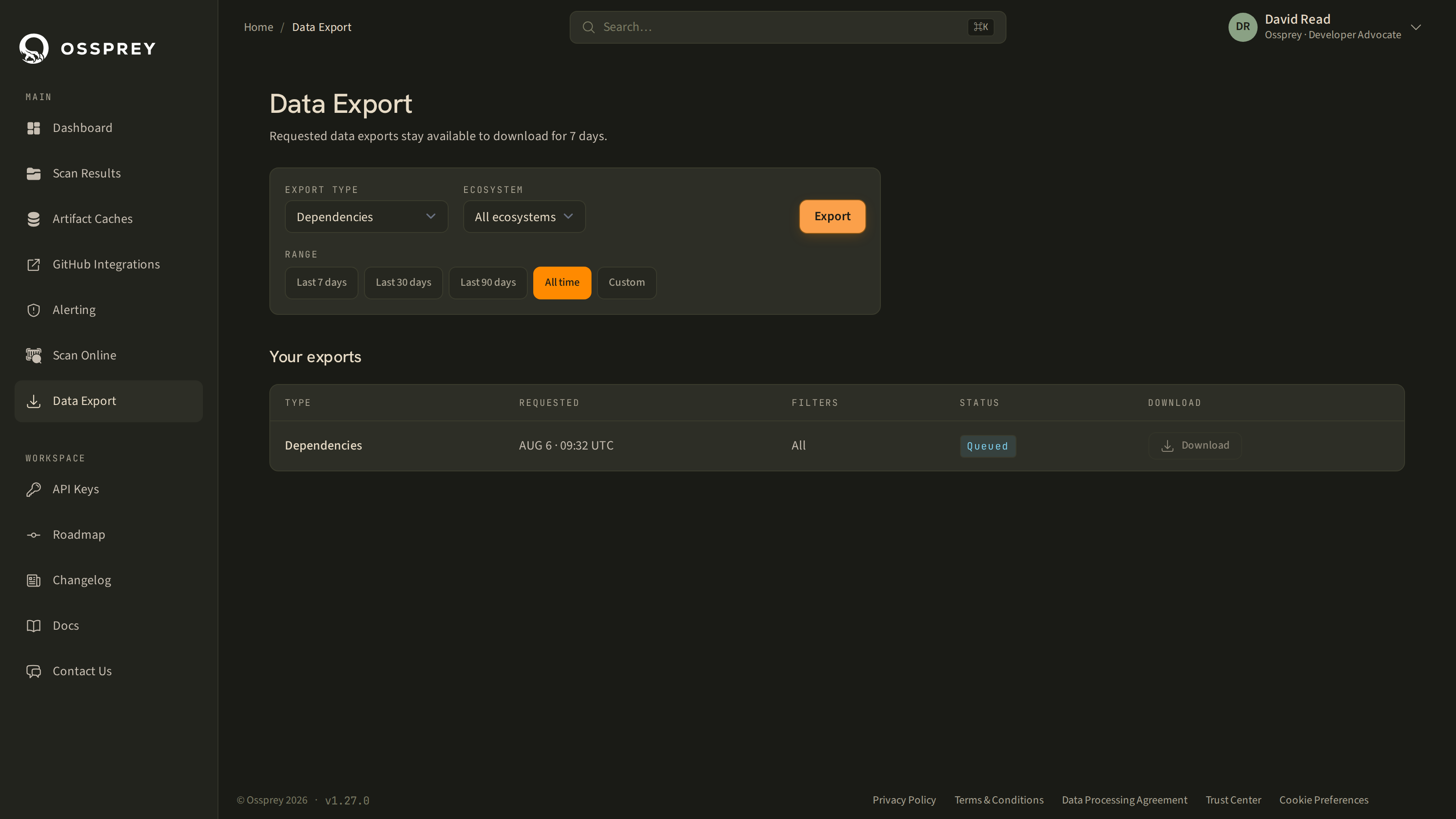 The Data Export page