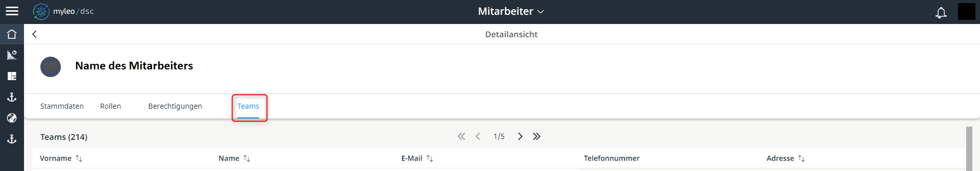Dem Mitarbeiter zugeordnete Teams