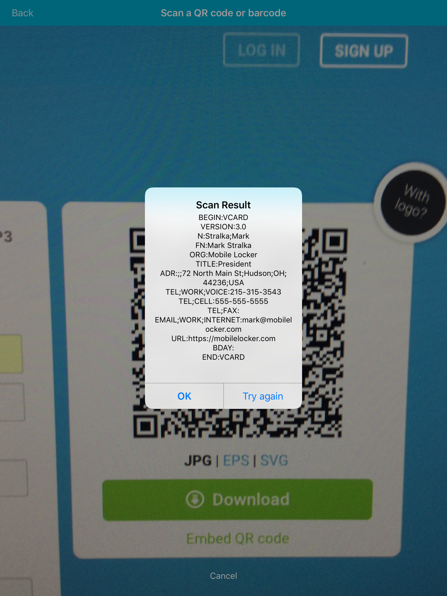 The raw data contained within the QR code.  It was a VCARD in this example but it could be anything that can be represented in a QR or barcode.  See [barcode-generator.org](http://www.barcode-generator.org/)