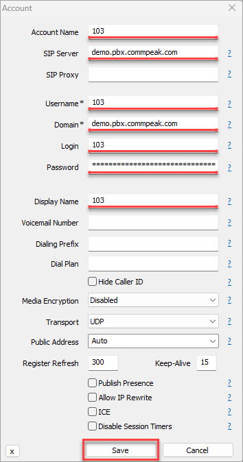 Screenshot of the PBX Stats Account form