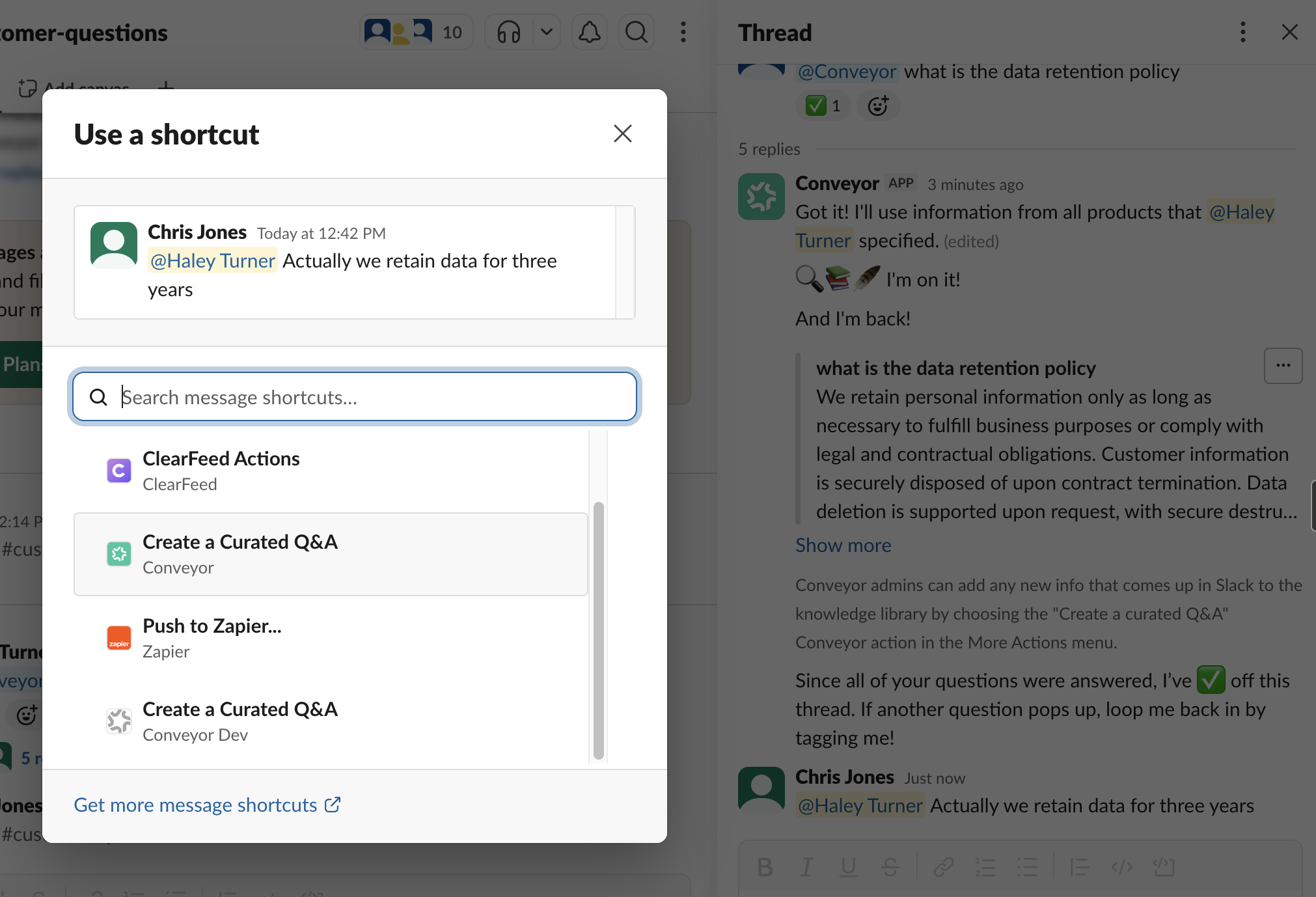 Slack's 'Use a shortcut' search with 'Create a Curated Q&A' from Conveyor in the results, above the selected message.