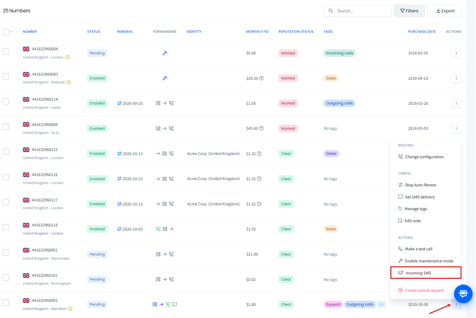 Screenshot of the Incoming SMS action