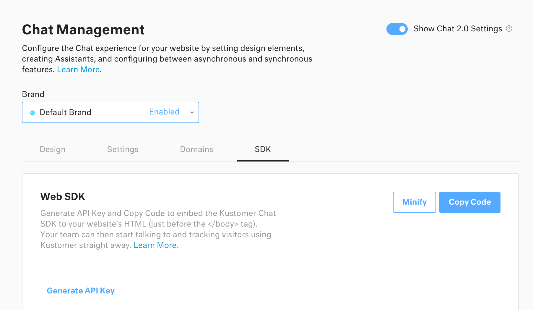 chat-sdk-settings.png Chat Management: SDK settings in Kustomer.