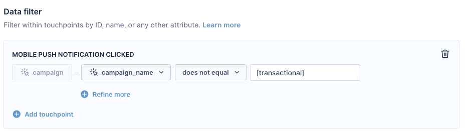 Data filter settings showing excluding transactional communication by campaign name