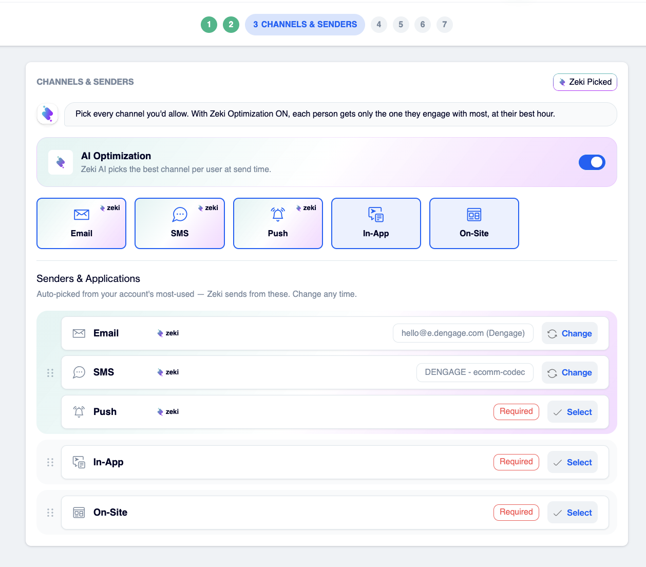 Content step with the AI Brand Persona and Brand Kit dropdowns and the Zeki AI Content Generation toggle switched on.