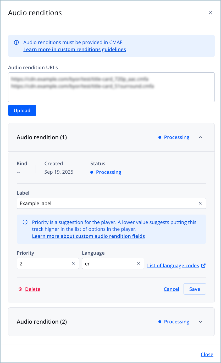 Audio renditions panel