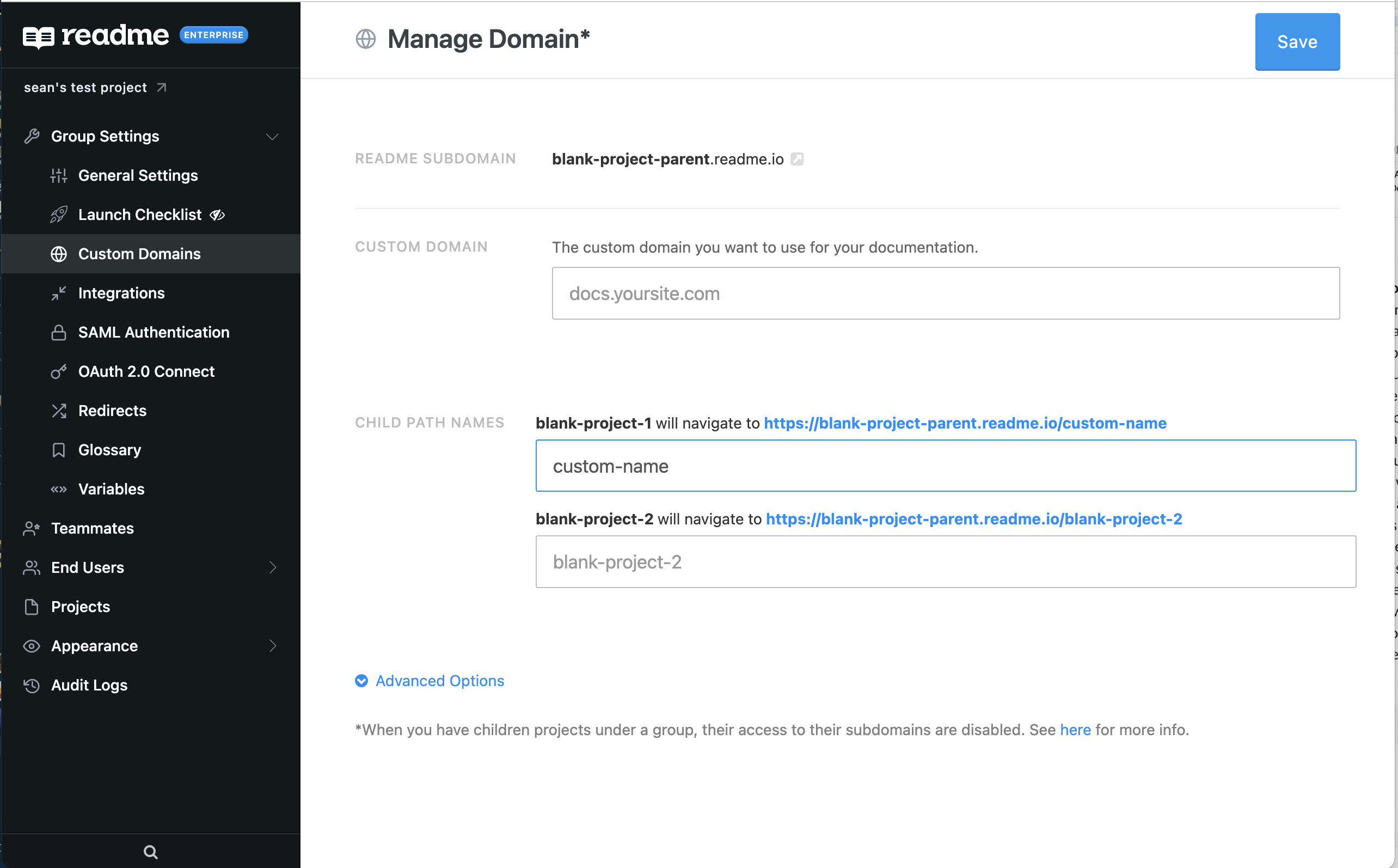 Domain settings page in the Enterprise dashboard. In the Child Path Names section, `custom-name` is specified for the first project's child path.