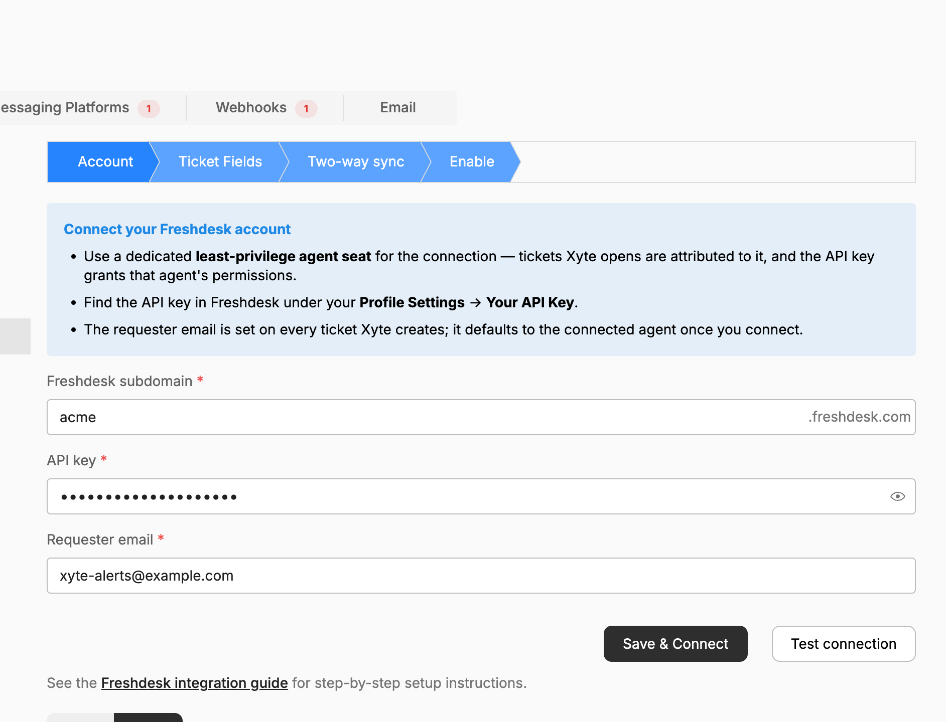 The Freshdesk connect wizard — Account step.