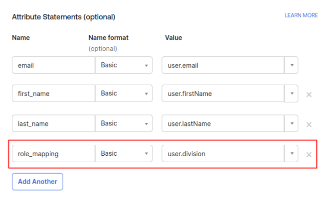 Okta Attribute Statements section showing role_mapping attribute with user.division value highlighted.