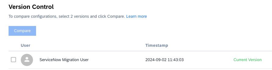 Configuration Versions with ServiceNow Migration User entry highlighted in blue.