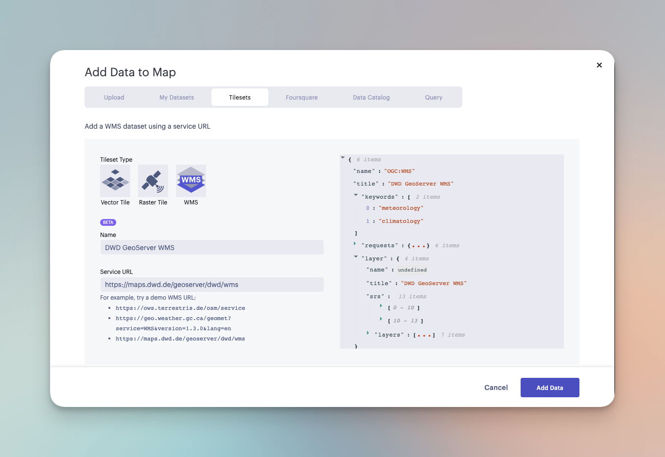 Sample WMS data configuration.